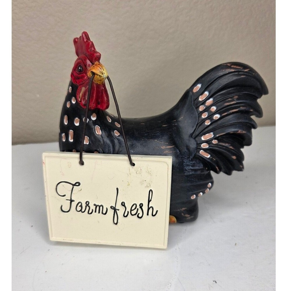 Farm Fresh Black Resin Rooster Figurine with Sign